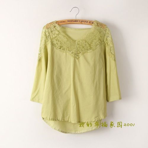2色純棉七分袖上衣 蕾絲邊v領(lǐng)側(cè)開(kāi)叉 時(shí)尚清新甜美春夏服裝批發(fā)